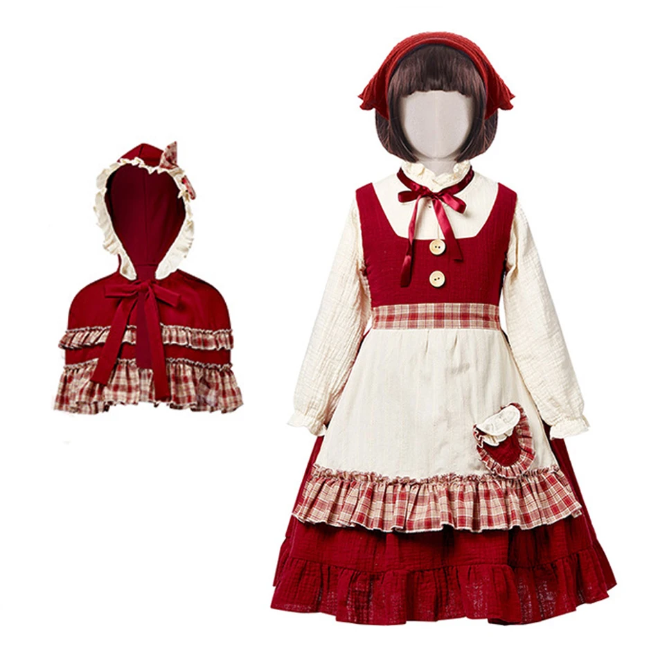 Girls Cosplay Lolita Dress Tops Hooded Cloak Apron Headscarf Sets Children Stage Performance Costume Kid Role Play Deluxe Outfit