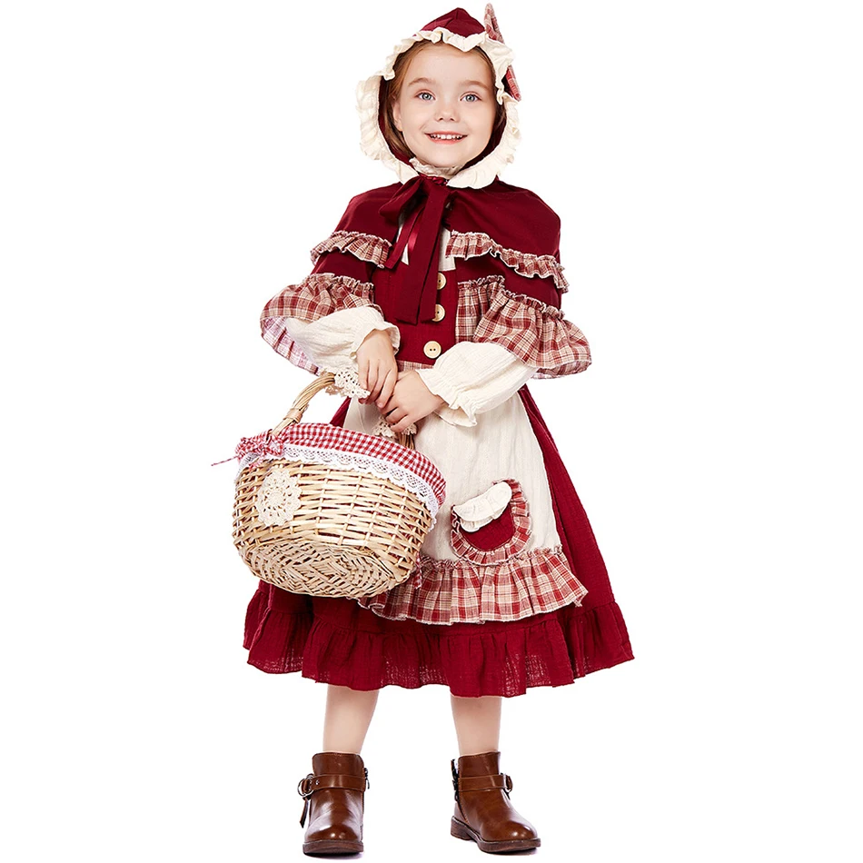 Girls Cosplay Lolita Dress Tops Hooded Cloak Apron Headscarf Sets Children Stage Performance Costume Kid Role Play Deluxe Outfit