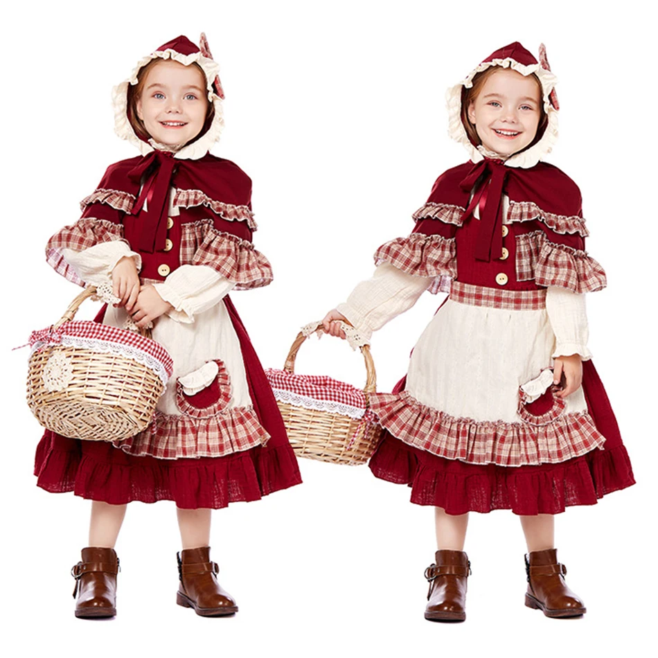Girls Cosplay Lolita Dress Tops Hooded Cloak Apron Headscarf Sets Children Stage Performance Costume Kid Role Play Deluxe Outfit
