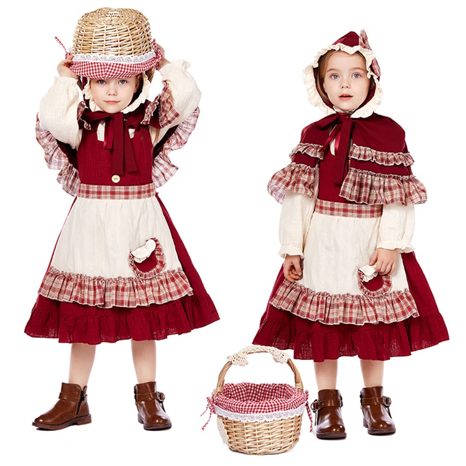 Girls Cosplay Lolita Dress Tops Hooded Cloak Apron Headscarf Sets Children Stage Performance Costume Kid Role Play Deluxe Outfit