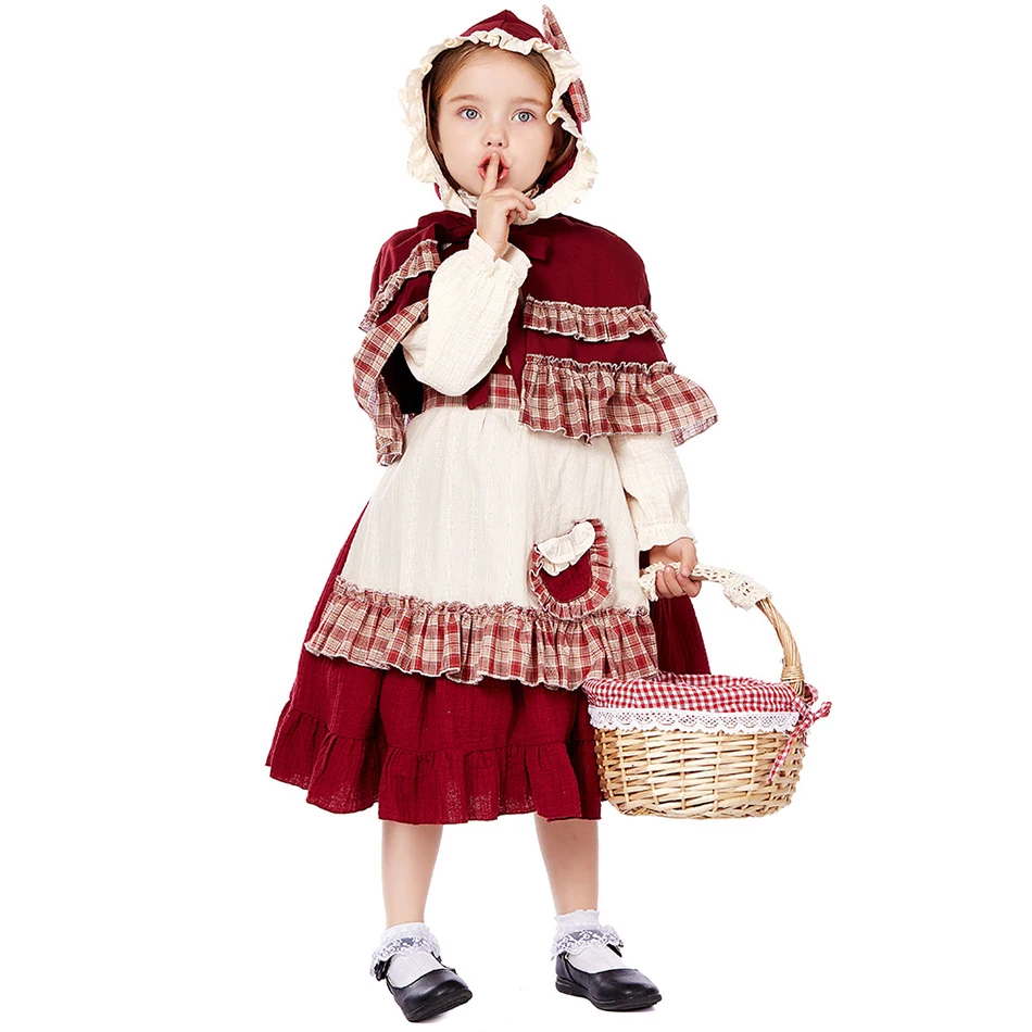 Girls Cosplay Lolita Dress Tops Hooded Cloak Apron Headscarf Sets Children Stage Performance Costume Kid Role Play Deluxe Outfit