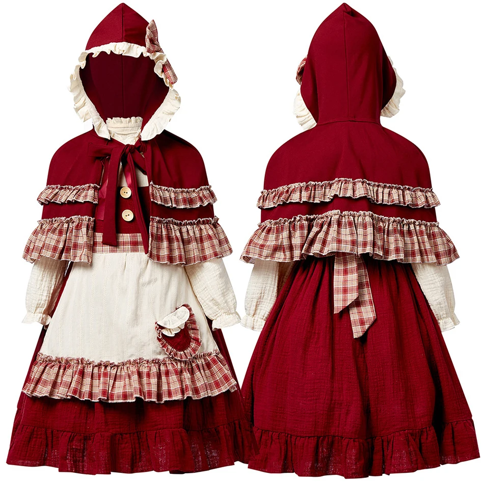 Girls Cosplay Lolita Dress Tops Hooded Cloak Apron Headscarf Sets Children Stage Performance Costume Kid Role Play Deluxe Outfit