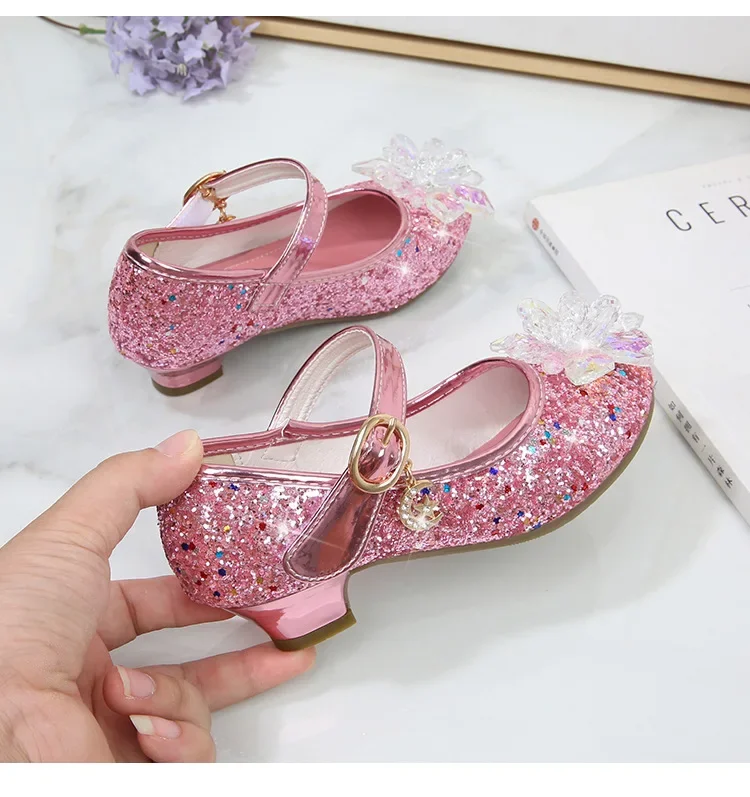 Girls Princess Leather Shoes Crystal Kids Sequins High Heel Shoes Fashion Chic Rhinestone Children's Glitter Dance Dress Shoes
