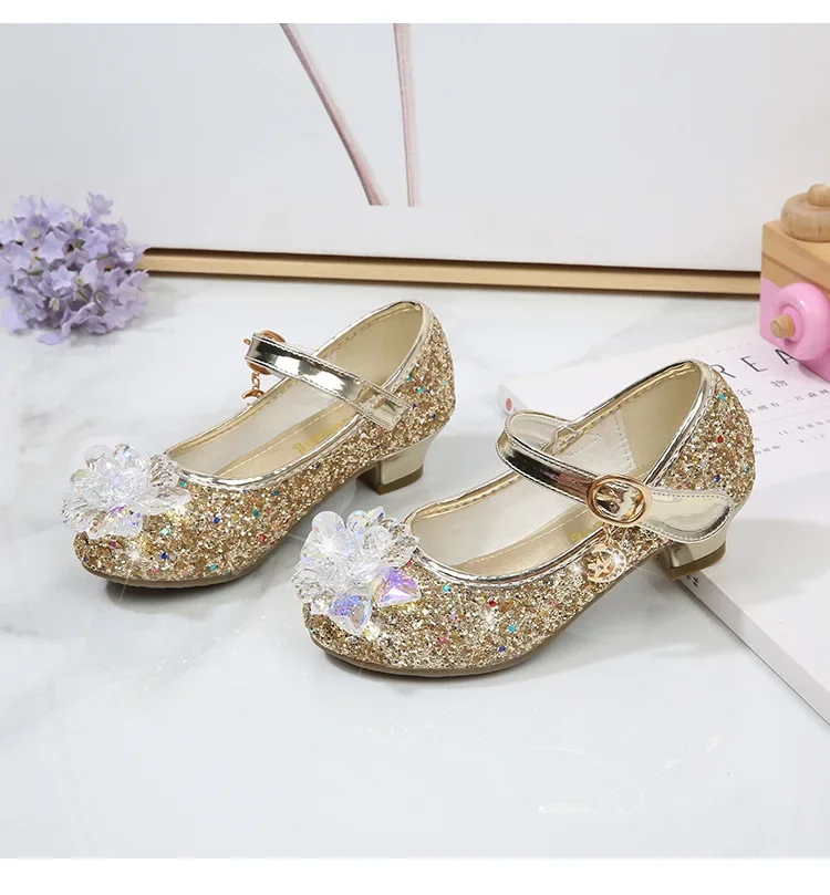 Girls Princess Leather Shoes Crystal Kids Sequins High Heel Shoes Fashion Chic Rhinestone Children's Glitter Dance Dress Shoes
