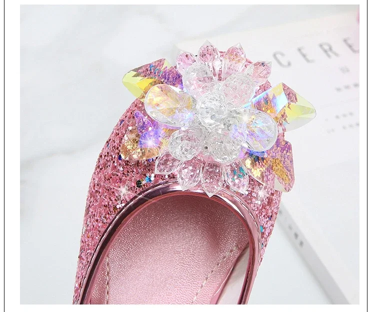 Girls Princess Leather Shoes Crystal Kids Sequins High Heel Shoes Fashion Chic Rhinestone Children's Glitter Dance Dress Shoes