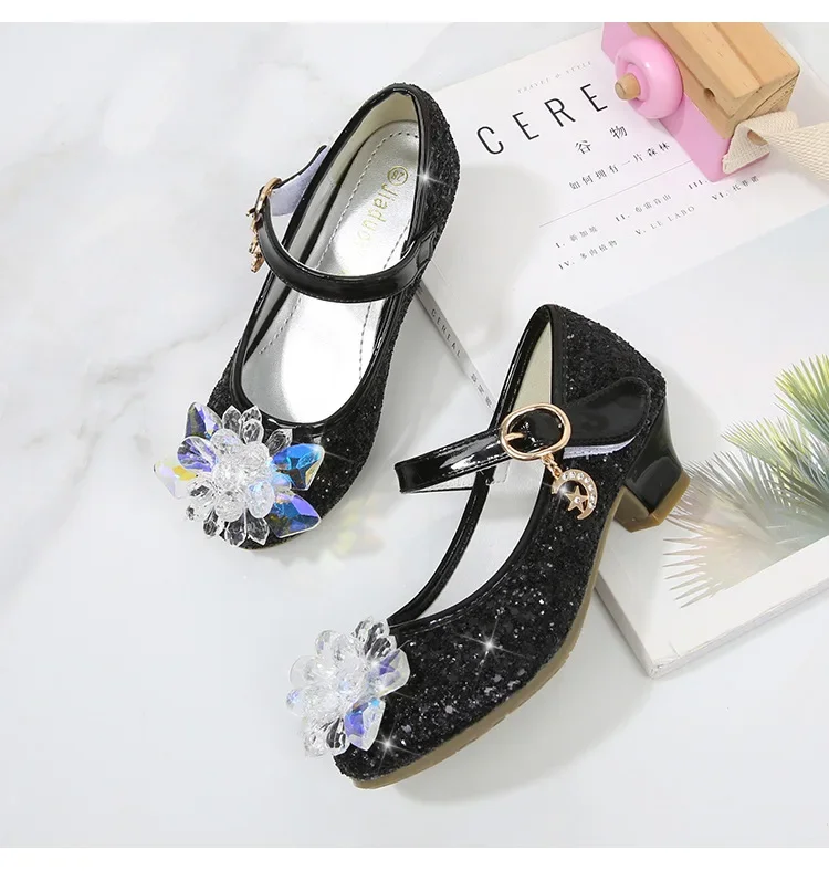 Girls Princess Leather Shoes Crystal Kids Sequins High Heel Shoes Fashion Chic Rhinestone Children's Glitter Dance Dress Shoes