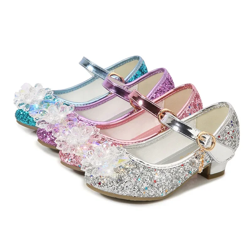 Girls Princess Leather Shoes Crystal Kids Sequins High Heel Shoes Fashion Chic Rhinestone Children's Glitter Dance Dress Shoes