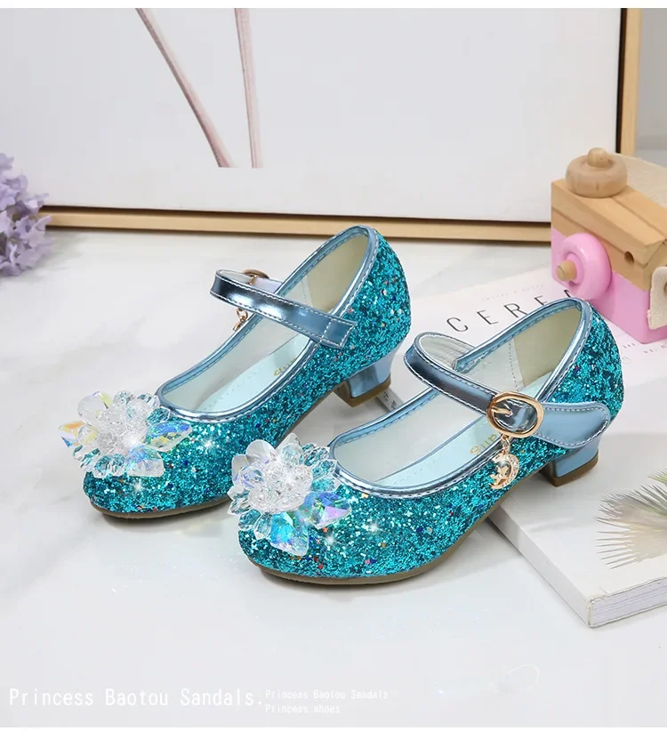 Girls Princess Leather Shoes Crystal Kids Sequins High Heel Shoes Fashion Chic Rhinestone Children's Glitter Dance Dress Shoes