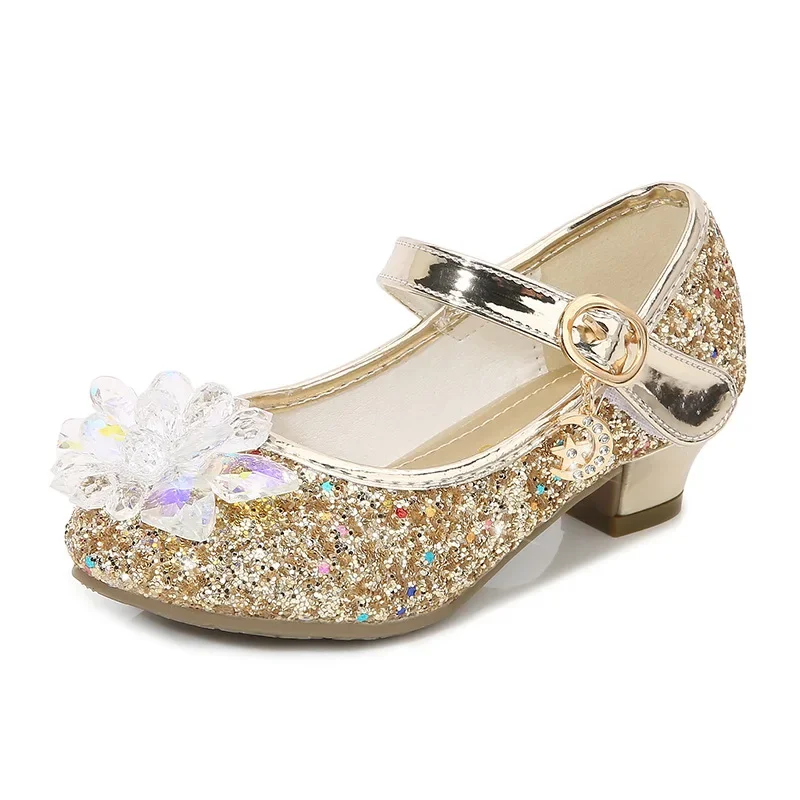 Girls Princess Leather Shoes Crystal Kids Sequins High Heel Shoes Fashion Chic Rhinestone Children's Glitter Dance Dress Shoes