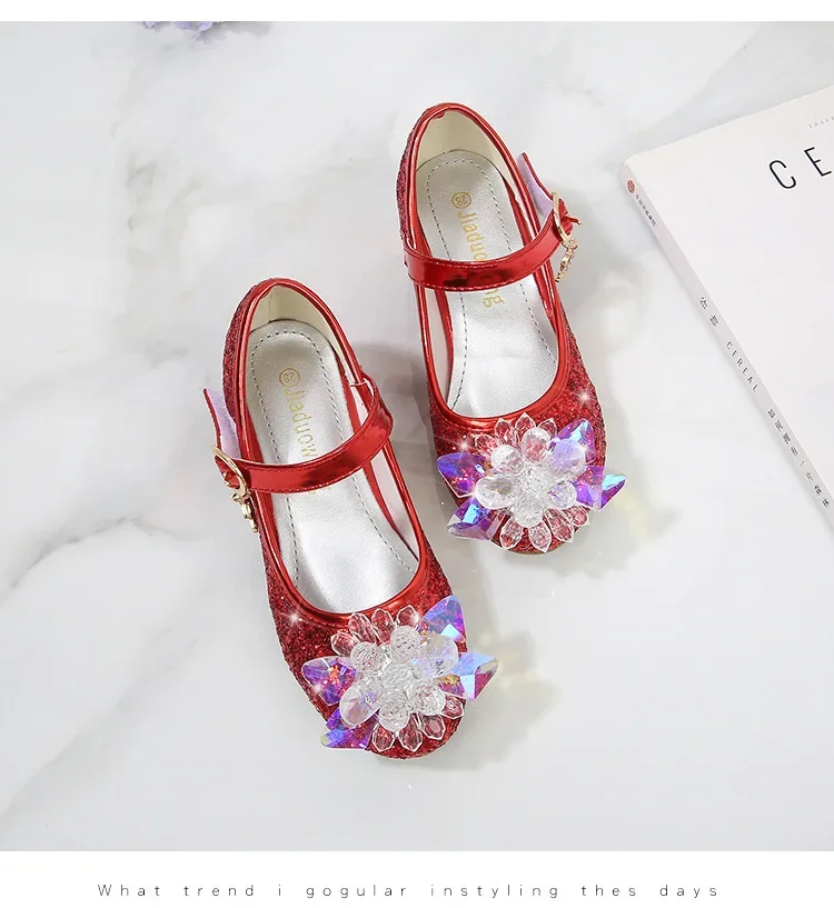 Girls Princess Leather Shoes Crystal Kids Sequins High Heel Shoes Fashion Chic Rhinestone Children's Glitter Dance Dress Shoes