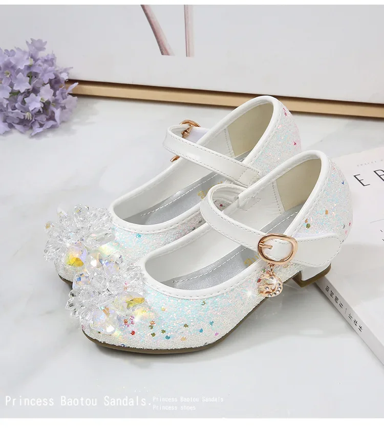 Girls Princess Leather Shoes Crystal Kids Sequins High Heel Shoes Fashion Chic Rhinestone Children's Glitter Dance Dress Shoes
