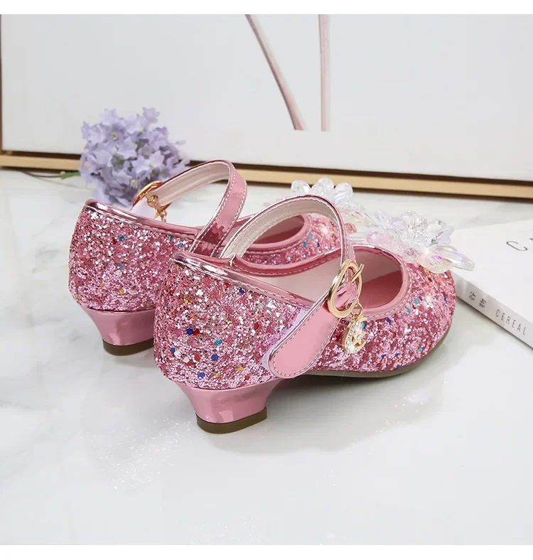 Girls Princess Leather Shoes Crystal Kids Sequins High Heel Shoes Fashion Chic Rhinestone Children's Glitter Dance Dress Shoes