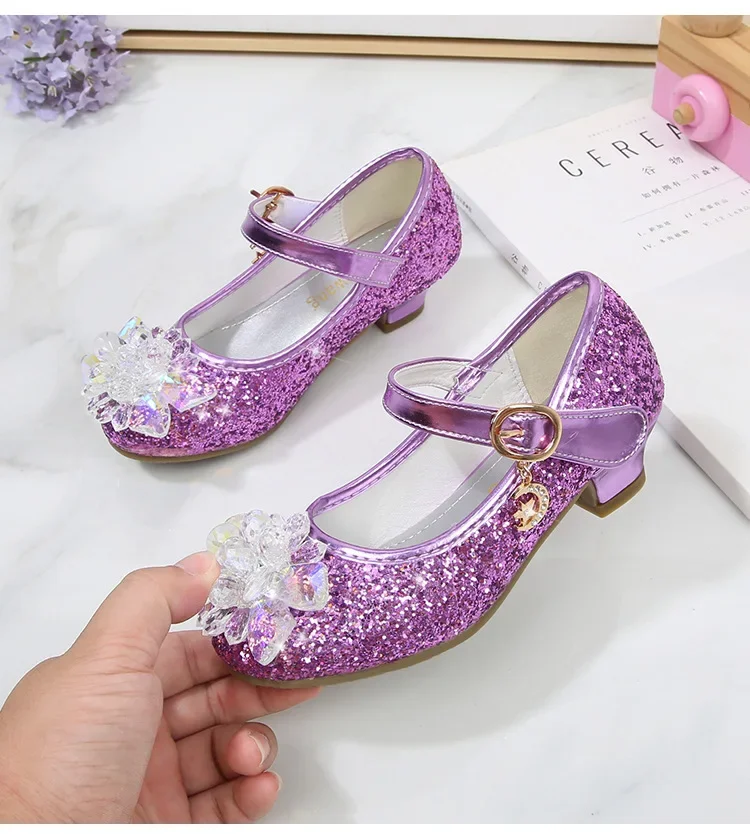 Girls Princess Leather Shoes Crystal Kids Sequins High Heel Shoes Fashion Chic Rhinestone Children's Glitter Dance Dress Shoes