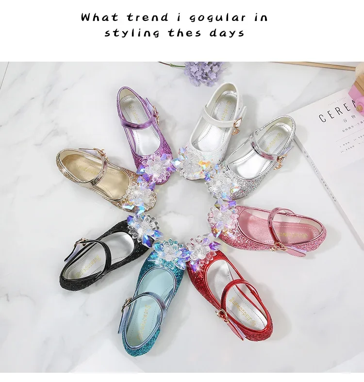 Girls Princess Leather Shoes Crystal Kids Sequins High Heel Shoes Fashion Chic Rhinestone Children's Glitter Dance Dress Shoes