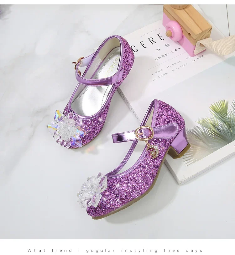Girls Princess Leather Shoes Crystal Kids Sequins High Heel Shoes Fashion Chic Rhinestone Children's Glitter Dance Dress Shoes