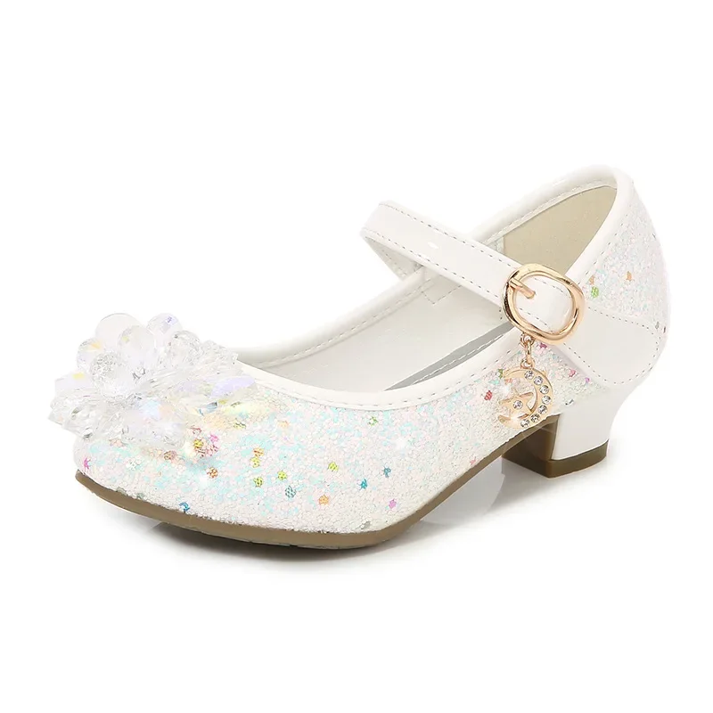 Girls Princess Leather Shoes Crystal Kids Sequins High Heel Shoes Fashion Chic Rhinestone Children's Glitter Dance Dress Shoes