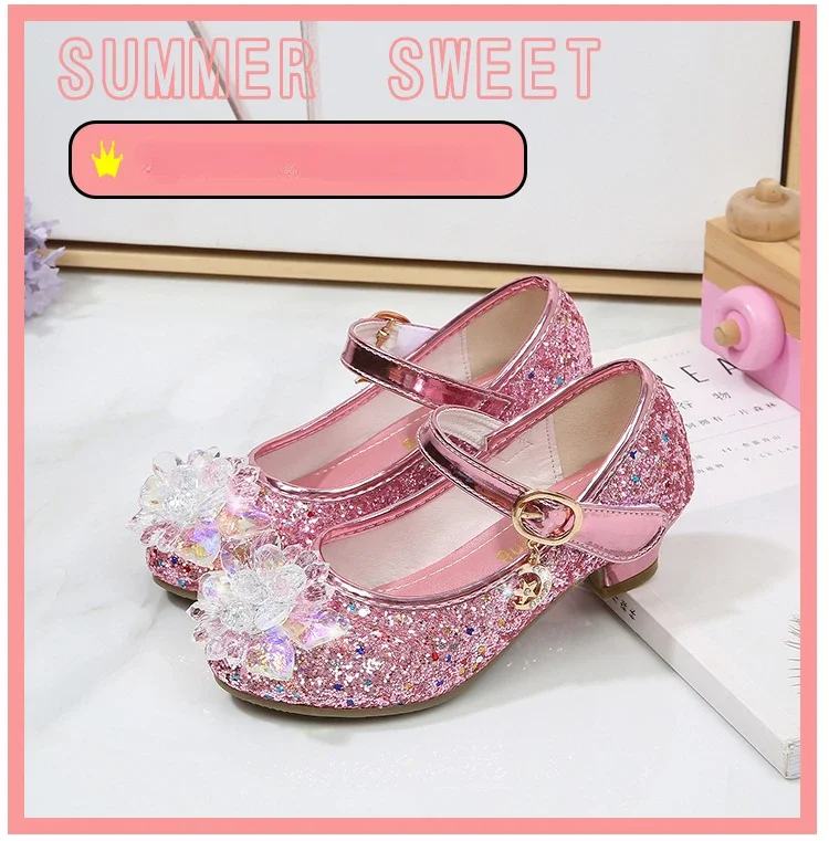 Girls Princess Leather Shoes Crystal Kids Sequins High Heel Shoes Fashion Chic Rhinestone Children's Glitter Dance Dress Shoes