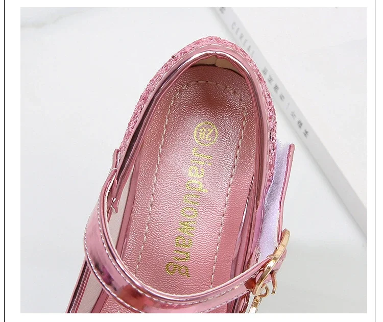 Girls Princess Leather Shoes Crystal Kids Sequins High Heel Shoes Fashion Chic Rhinestone Children's Glitter Dance Dress Shoes