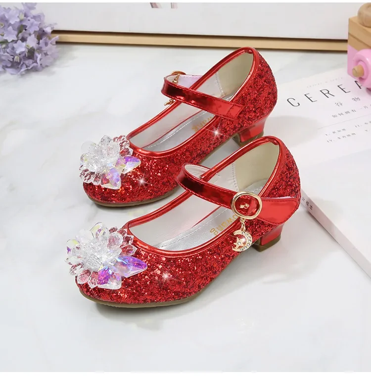 Girls Princess Leather Shoes Crystal Kids Sequins High Heel Shoes Fashion Chic Rhinestone Children's Glitter Dance Dress Shoes