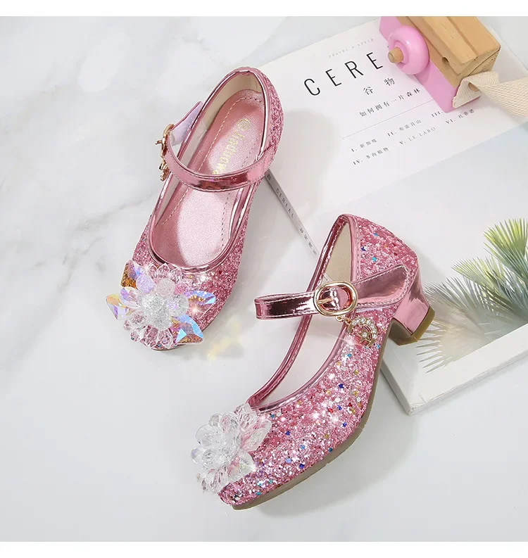 Girls Princess Leather Shoes Crystal Kids Sequins High Heel Shoes Fashion Chic Rhinestone Children's Glitter Dance Dress Shoes