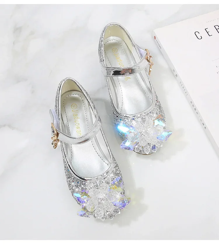 Girls Princess Leather Shoes Crystal Kids Sequins High Heel Shoes Fashion Chic Rhinestone Children's Glitter Dance Dress Shoes