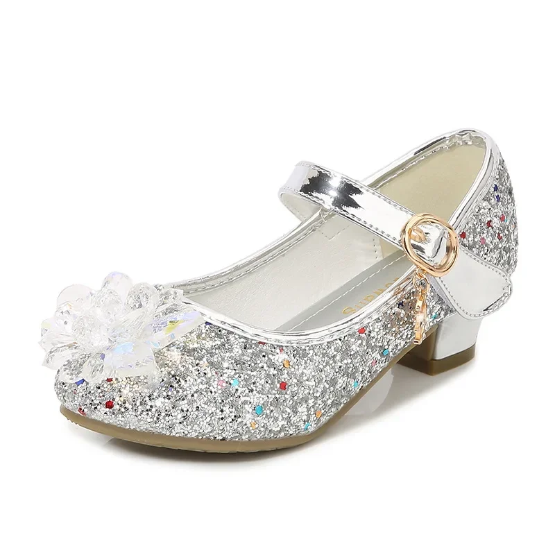 Girls Princess Leather Shoes Crystal Kids Sequins High Heel Shoes Fashion Chic Rhinestone Children's Glitter Dance Dress Shoes