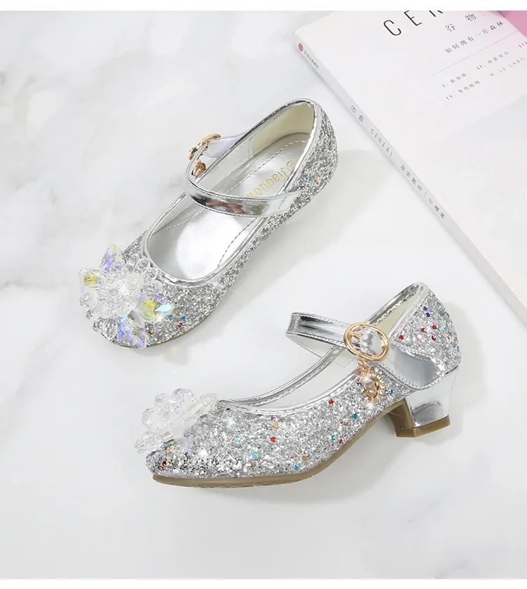 Girls Princess Leather Shoes Crystal Kids Sequins High Heel Shoes Fashion Chic Rhinestone Children's Glitter Dance Dress Shoes