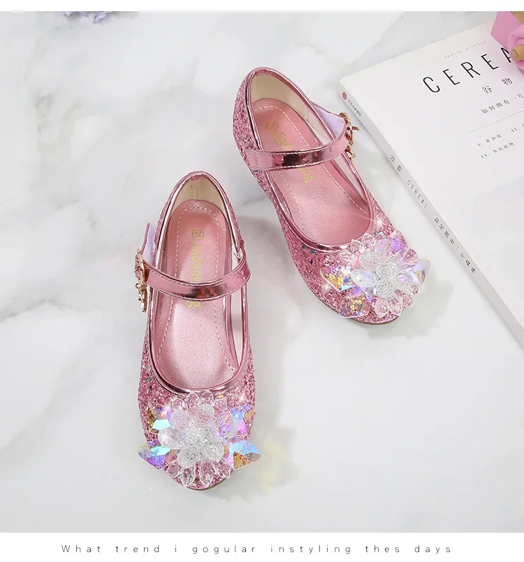 Girls Princess Leather Shoes Crystal Kids Sequins High Heel Shoes Fashion Chic Rhinestone Children's Glitter Dance Dress Shoes