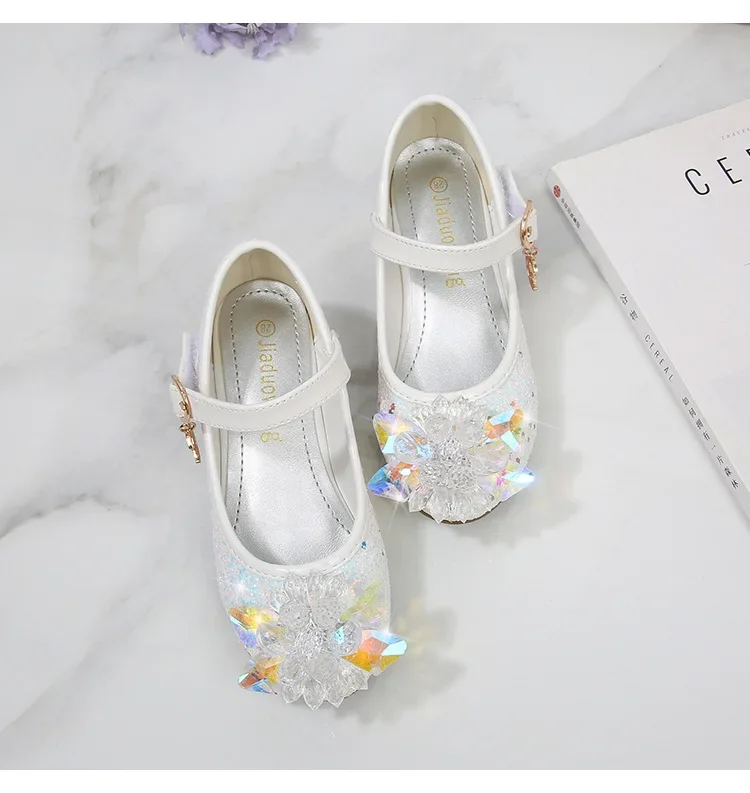 Girls Princess Leather Shoes Crystal Kids Sequins High Heel Shoes Fashion Chic Rhinestone Children's Glitter Dance Dress Shoes