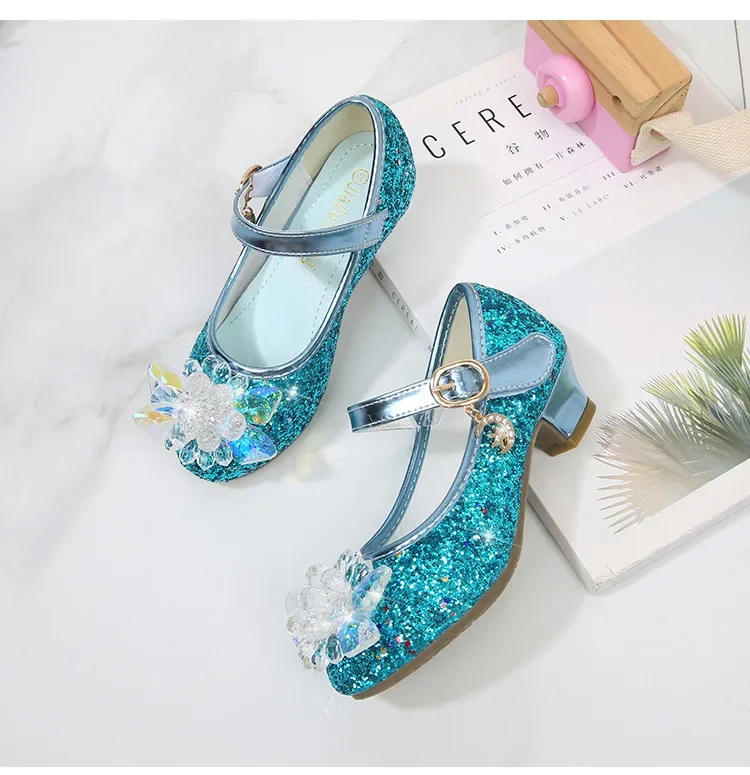 Girls Princess Leather Shoes Crystal Kids Sequins High Heel Shoes Fashion Chic Rhinestone Children's Glitter Dance Dress Shoes