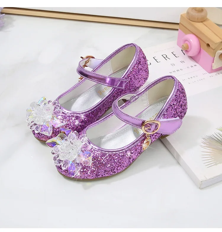 Girls Princess Leather Shoes Crystal Kids Sequins High Heel Shoes Fashion Chic Rhinestone Children's Glitter Dance Dress Shoes