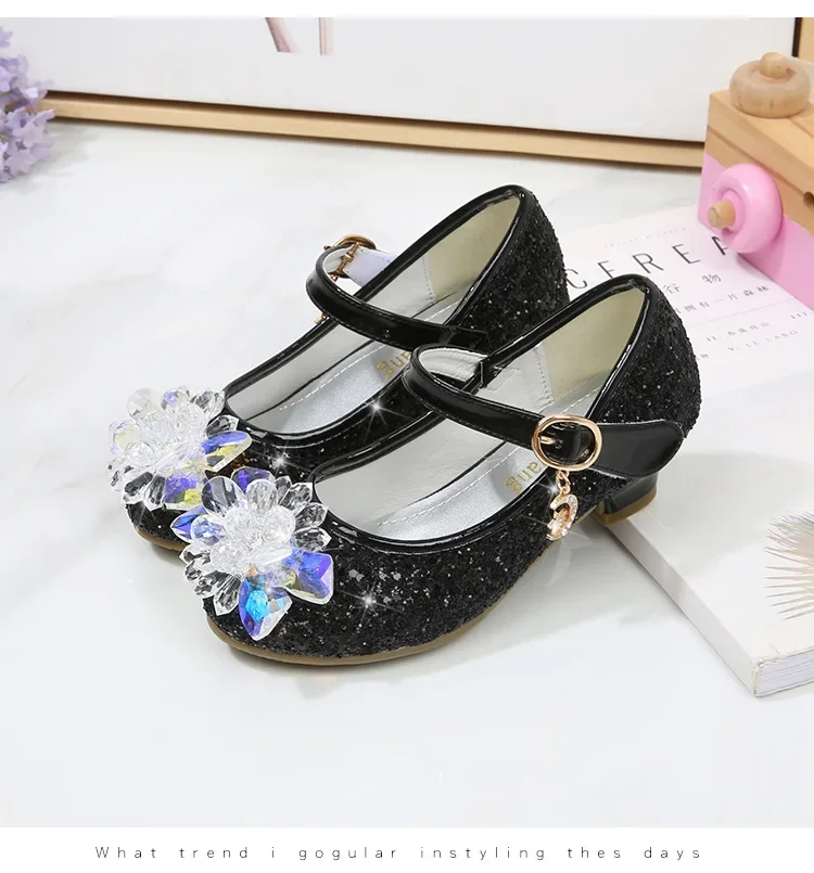Girls Princess Leather Shoes Crystal Kids Sequins High Heel Shoes Fashion Chic Rhinestone Children's Glitter Dance Dress Shoes
