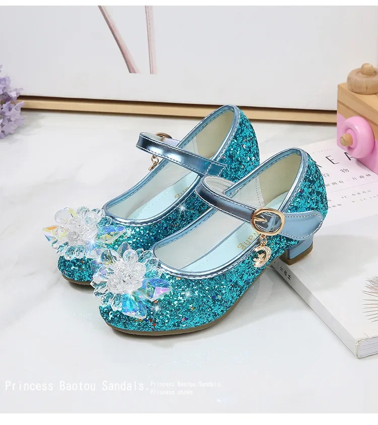 Girls Princess Leather Shoes Crystal Kids Sequins High Heel Shoes Fashion Chic Rhinestone Children's Glitter Dance Dress Shoes