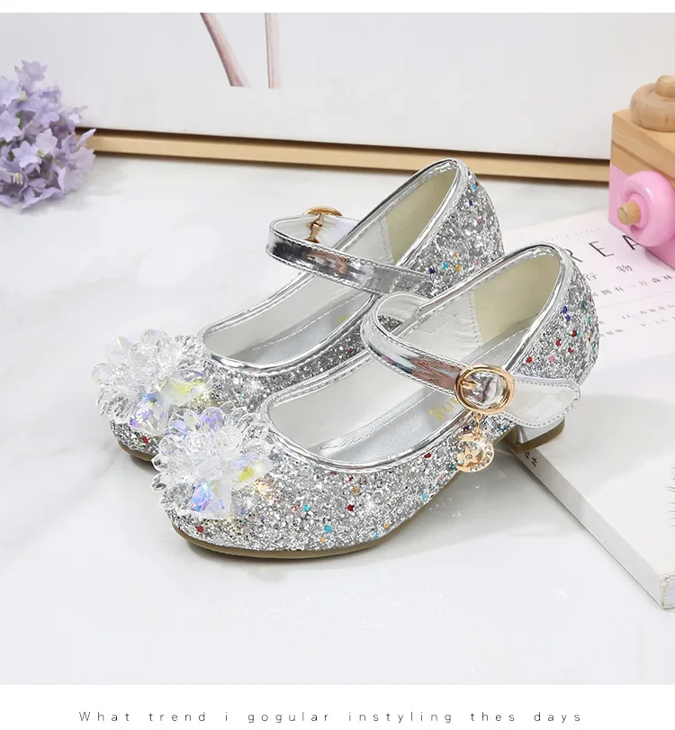 Girls Princess Leather Shoes Crystal Kids Sequins High Heel Shoes Fashion Chic Rhinestone Children's Glitter Dance Dress Shoes