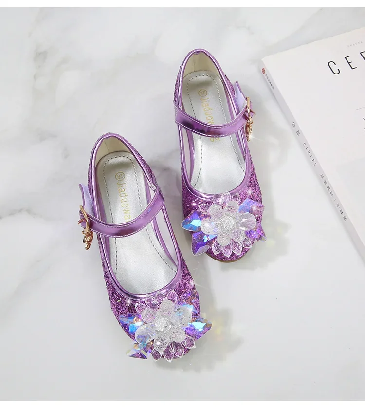 Girls Princess Leather Shoes Crystal Kids Sequins High Heel Shoes Fashion Chic Rhinestone Children's Glitter Dance Dress Shoes