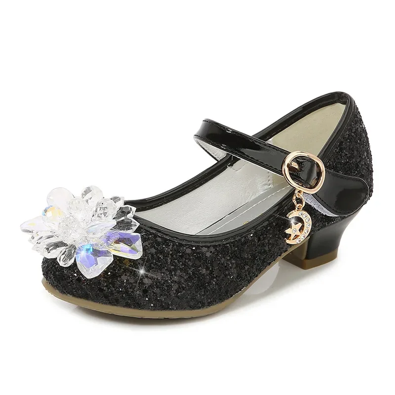 Girls Princess Leather Shoes Crystal Kids Sequins High Heel Shoes Fashion Chic Rhinestone Children's Glitter Dance Dress Shoes