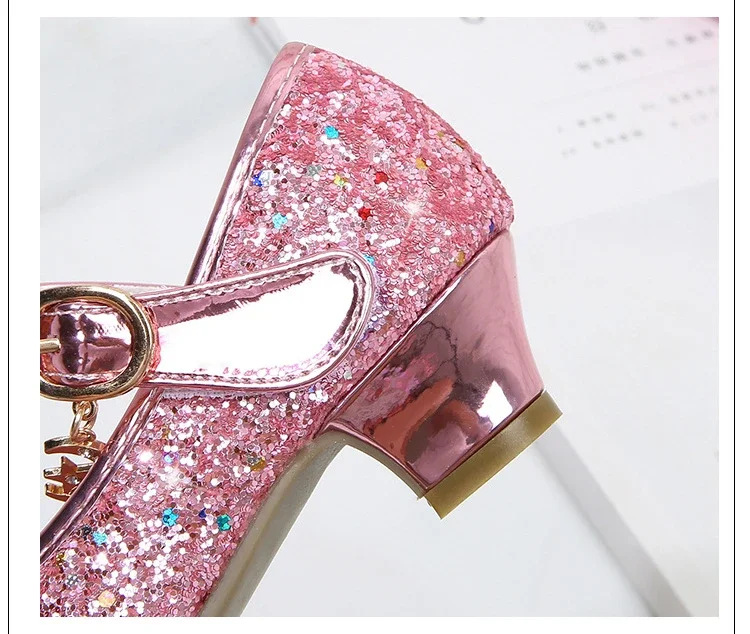 Girls Princess Leather Shoes Crystal Kids Sequins High Heel Shoes Fashion Chic Rhinestone Children's Glitter Dance Dress Shoes
