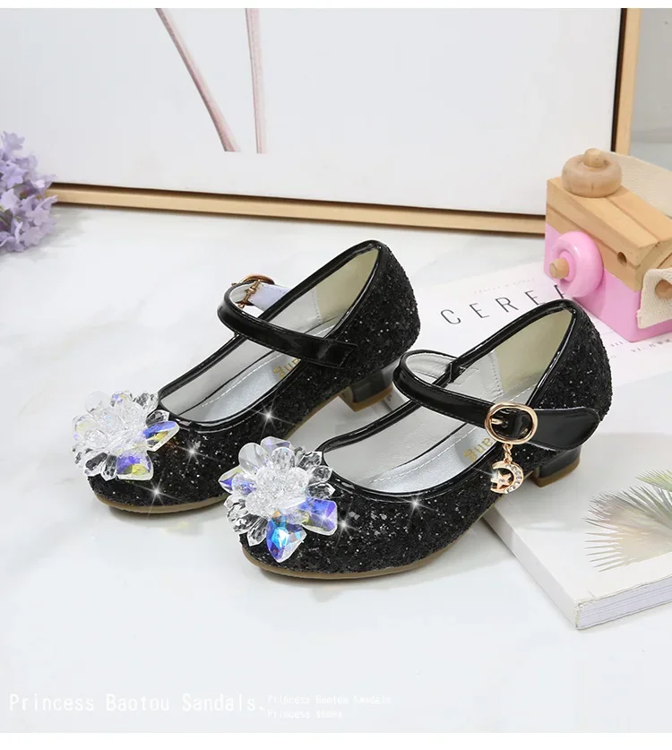 Girls Princess Leather Shoes Crystal Kids Sequins High Heel Shoes Fashion Chic Rhinestone Children's Glitter Dance Dress Shoes