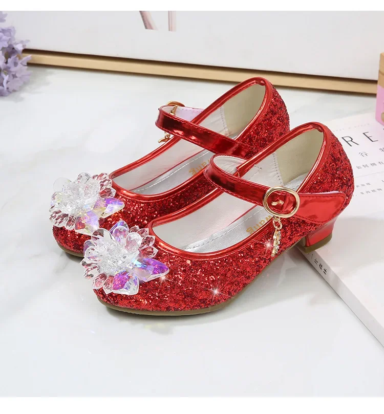 Girls Princess Leather Shoes Crystal Kids Sequins High Heel Shoes Fashion Chic Rhinestone Children's Glitter Dance Dress Shoes