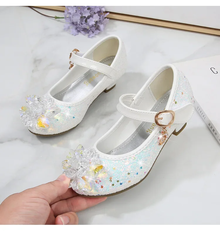 Girls Princess Leather Shoes Crystal Kids Sequins High Heel Shoes Fashion Chic Rhinestone Children's Glitter Dance Dress Shoes