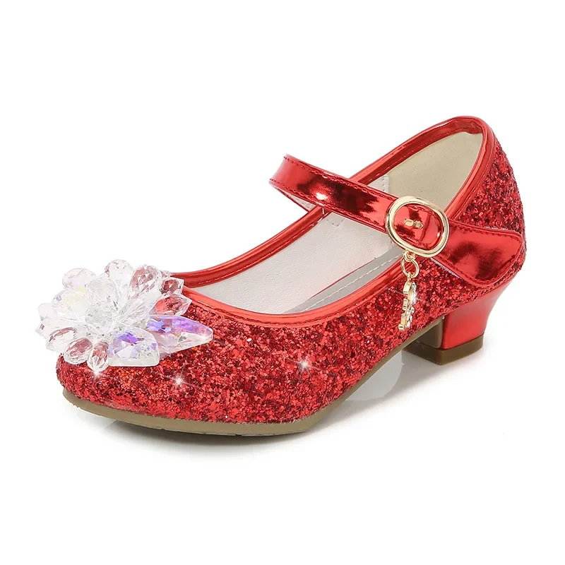 Girls Princess Leather Shoes Crystal Kids Sequins High Heel Shoes Fashion Chic Rhinestone Children's Glitter Dance Dress Shoes