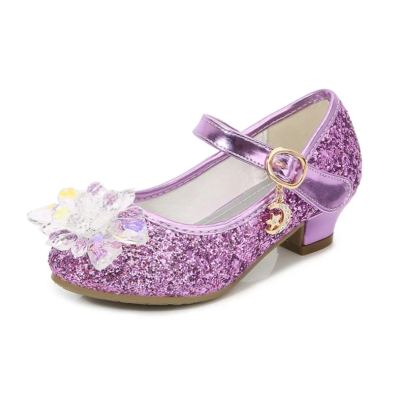 Girls Princess Leather Shoes Crystal Kids Sequins High Heel Shoes Fashion Chic Rhinestone Children's Glitter Dance Dress Shoes
