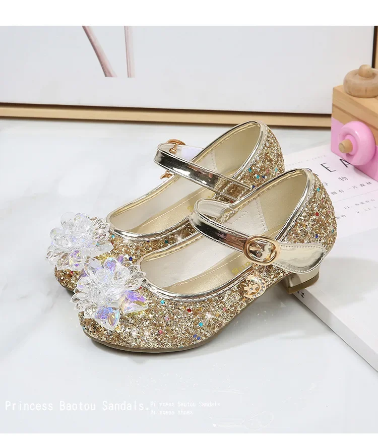 Girls Princess Leather Shoes Crystal Kids Sequins High Heel Shoes Fashion Chic Rhinestone Children's Glitter Dance Dress Shoes