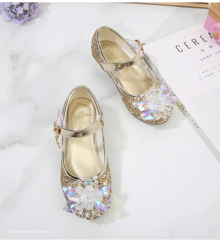 Girls Princess Leather Shoes Crystal Kids Sequins High Heel Shoes Fashion Chic Rhinestone Children's Glitter Dance Dress Shoes