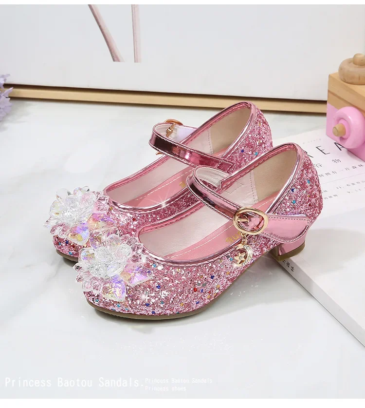 Girls Princess Leather Shoes Crystal Kids Sequins High Heel Shoes Fashion Chic Rhinestone Children's Glitter Dance Dress Shoes