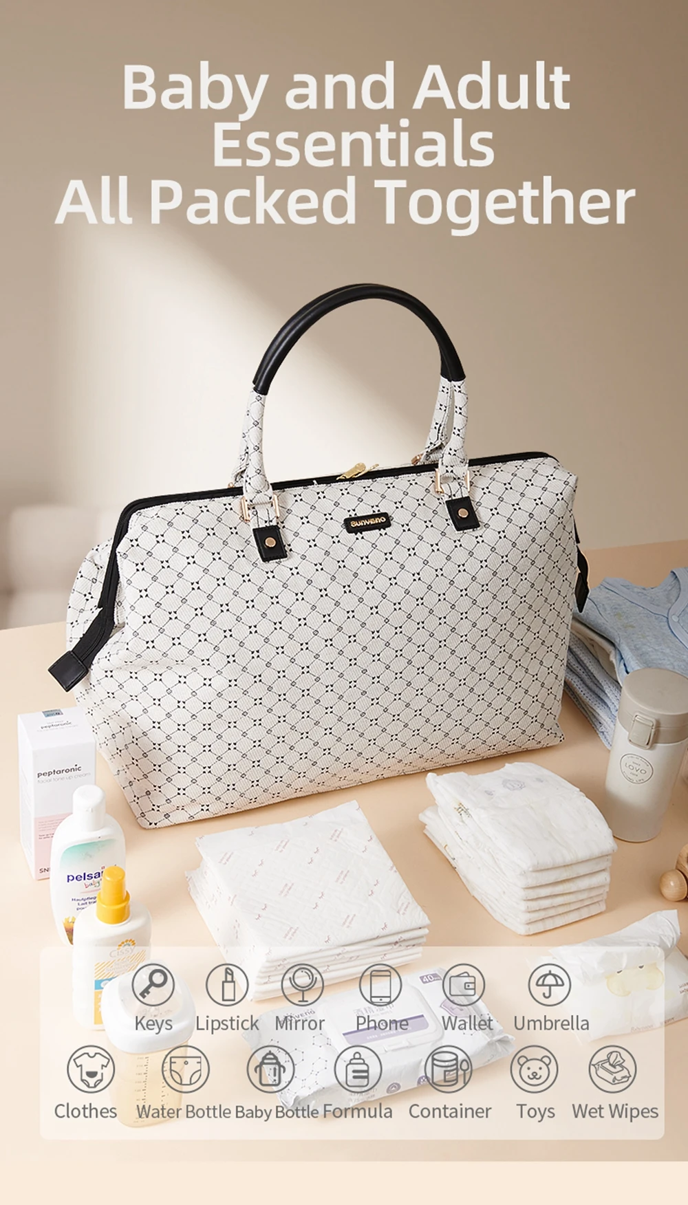 Sunveno Mommy Travel Bag 4 In 1 Diaper Tote Mommy Bag Durable Wide Opening for Quick Access Stylish & Practical