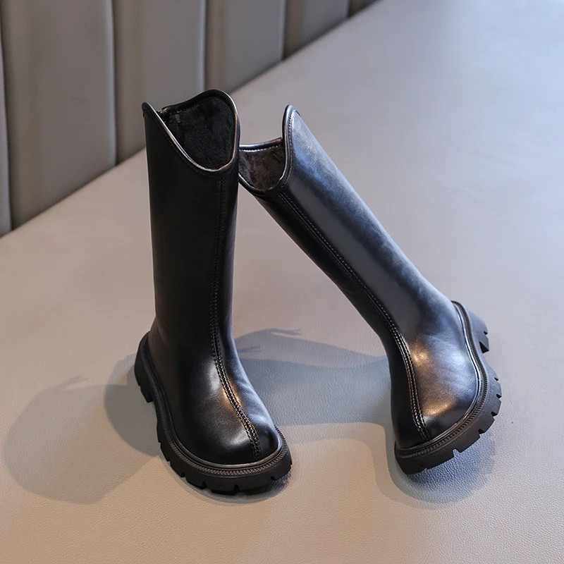2024 Autumn Winter New Children High Boots for Girls Fashion Korean Style Anti-slippery Keep Warm Versatile Chic Leather Shoes