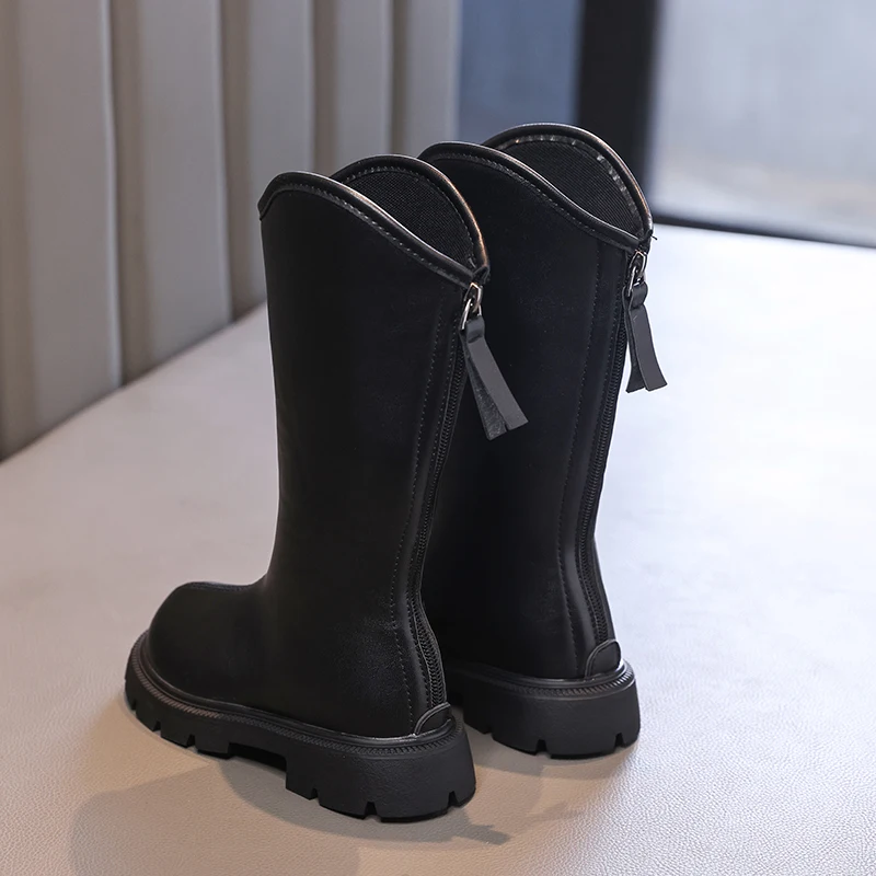 2024 Autumn Winter New Children High Boots for Girls Fashion Korean Style Anti-slippery Keep Warm Versatile Chic Leather Shoes