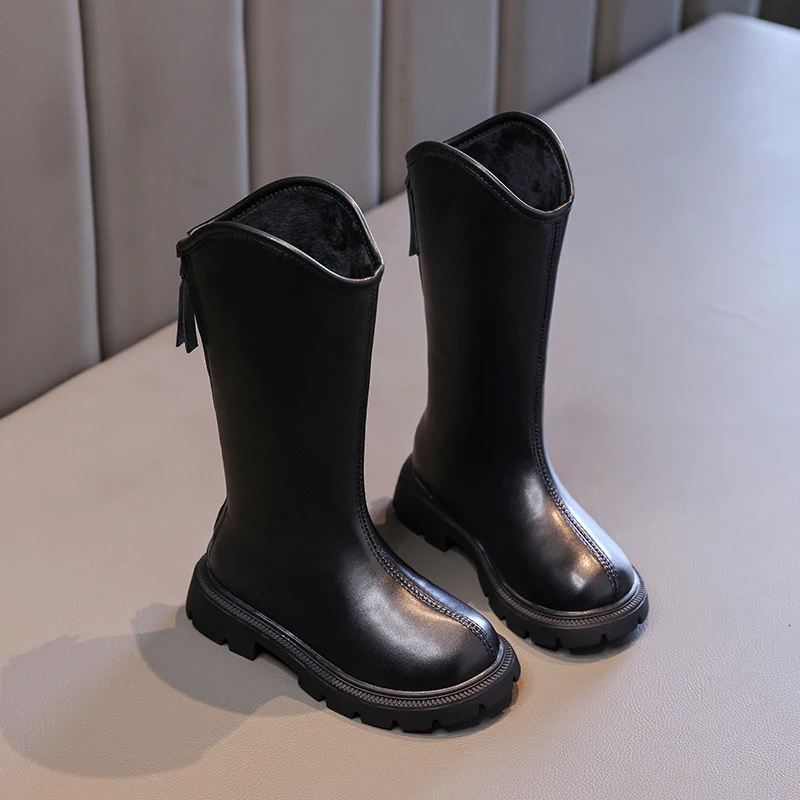 2024 Autumn Winter New Children High Boots for Girls Fashion Korean Style Anti-slippery Keep Warm Versatile Chic Leather Shoes