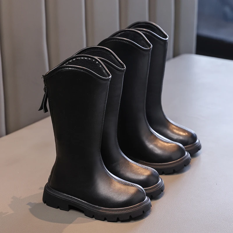 2024 Autumn Winter New Children High Boots for Girls Fashion Korean Style Anti-slippery Keep Warm Versatile Chic Leather Shoes